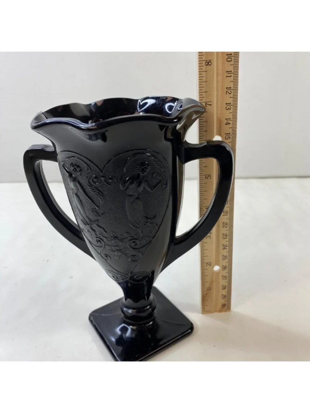 Vtg 1930s LE Smith Black Amethyst Depression Glass Trophy Vase Dancing Nymphs
